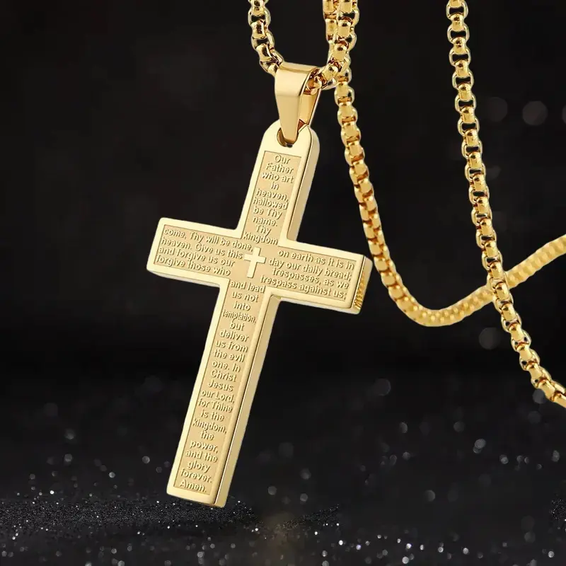 Stainless Steel Cross Necklace for Men, Engraved Lord's Prayer Bible Verse Pendant with Box Chain, Gold Silver Christian Religious Jewelry Gift