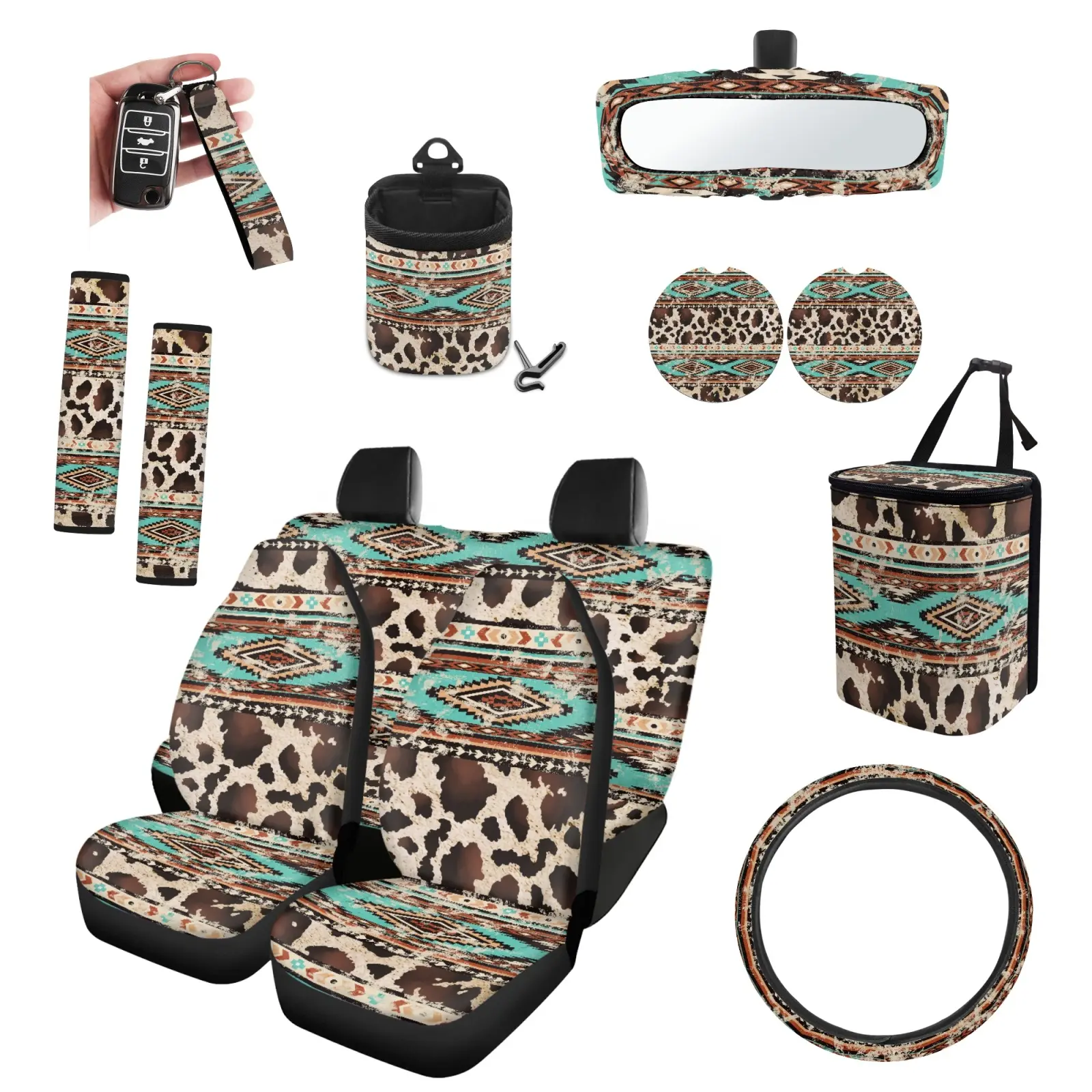Full Set Western Cow Car Seat Covers Complete Auto Interior Kit for Truck SUV Van Pet Hair Resistant Breathable Seat Protector Steering Wheel Cover Seat Belt Wraps Summer Gym Commute Beach Camping 4th of July USA Women Car Decor Bundle