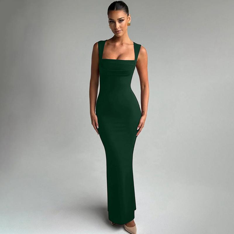 Women's Solid Color Square Neck Bodycon Tank Dress, Elegant Sleeveless Long Dress for Party Club Night Out Holiday Evening, Ladies Summer Clothes