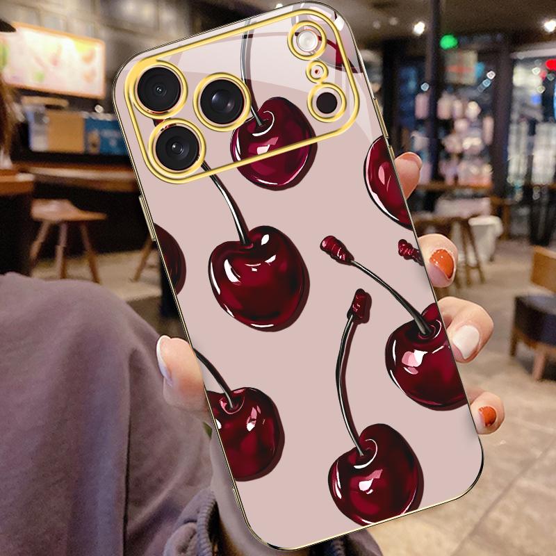 Vintage Cherry Coquette Phone Case — Glossy Dark Fruit Aesthetic, Gold Edges, Soft Cover for iPhone 17 Pro — 975