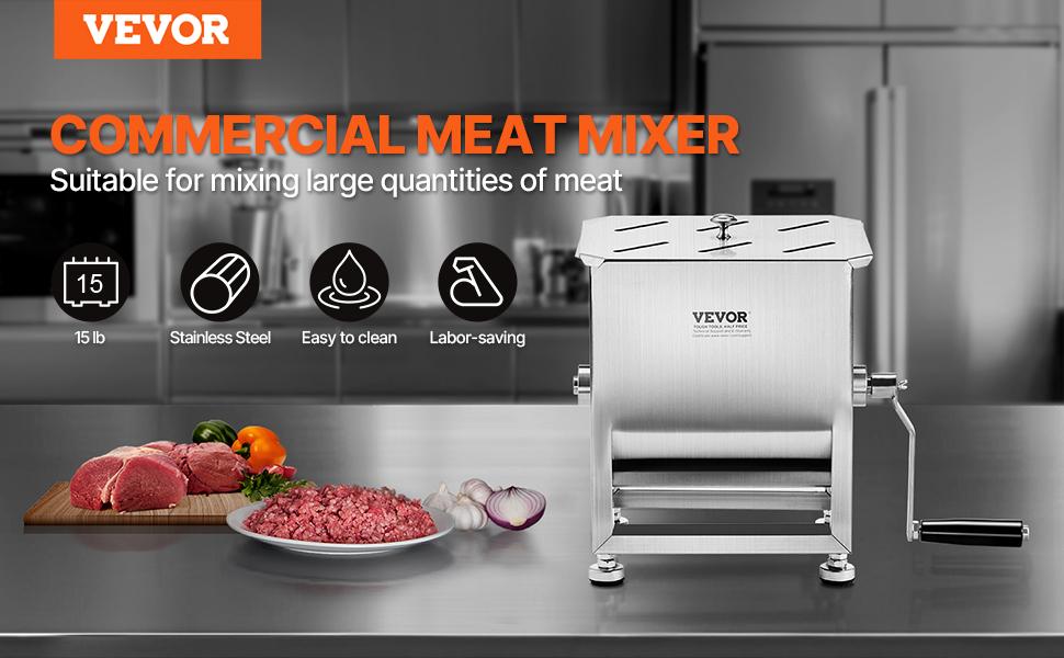 VEVOR Manual Meat Mixer, 15L Fixed Tank Meat Processing Equipment(Mixing Maximum 15LBS for Meat), Stainless Steel Meat Mixer, Sausage Mixer Machine with Lid and Handle, Ground Beef Hand Mixer