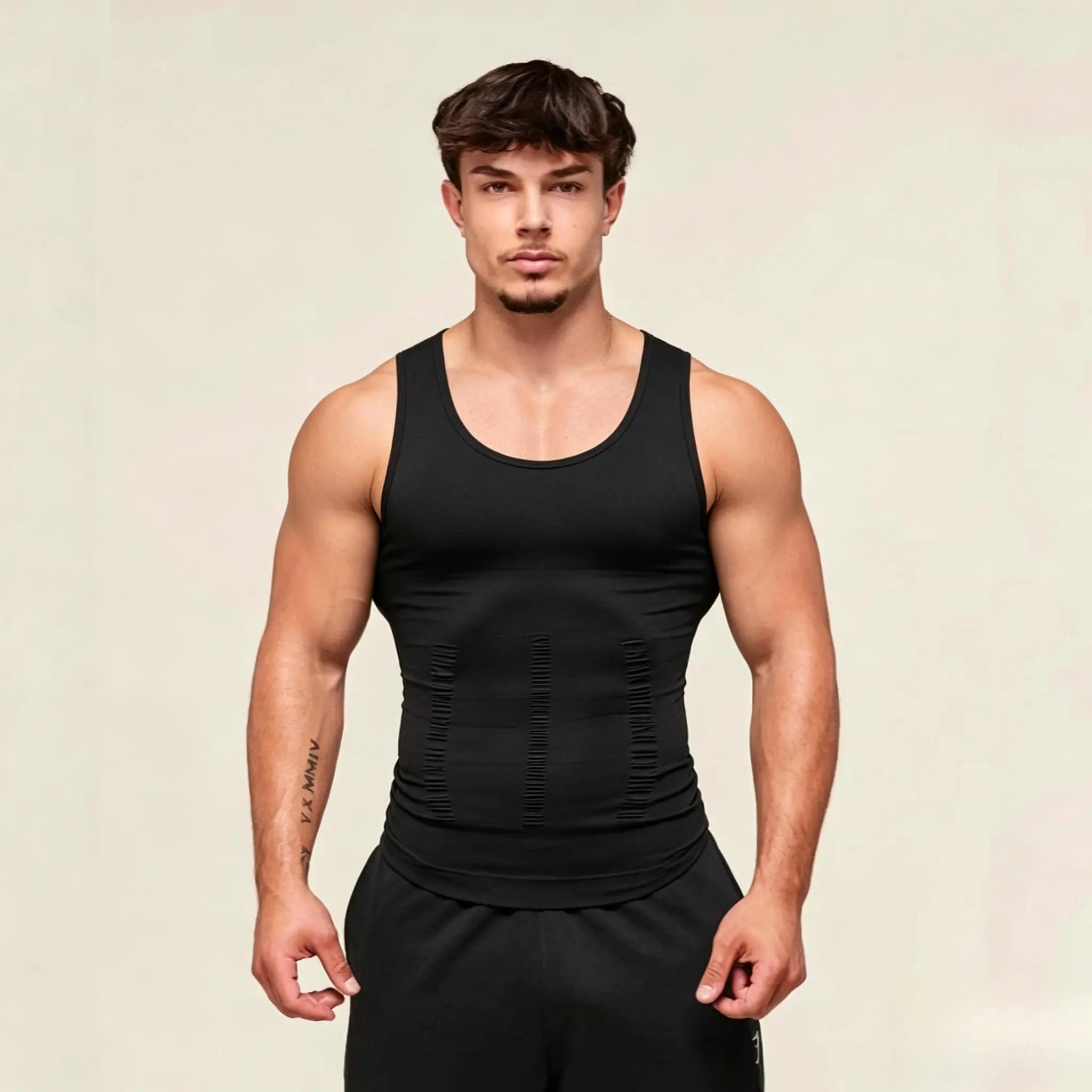 Men's Polyester Compression Shaping Vest - Workout Wear, Black & White Athletic Gym Top for Bodybuilding, Muscle Support, Slimming, Quick Dry