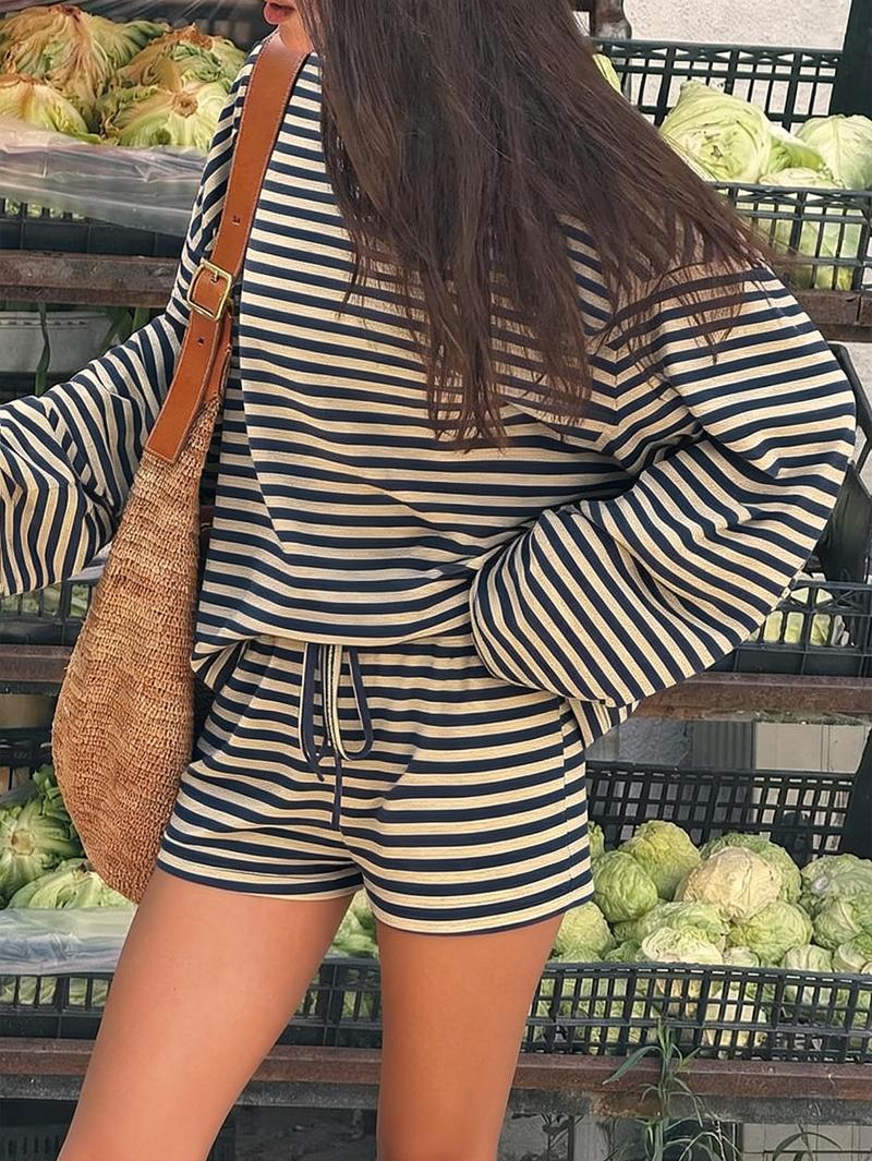 Vintage Striped Casual Women's Set, Loose Round Neck Long Sleeve Top with Drawstring Shorts, Comfortable Home Wear, Spring & Fall