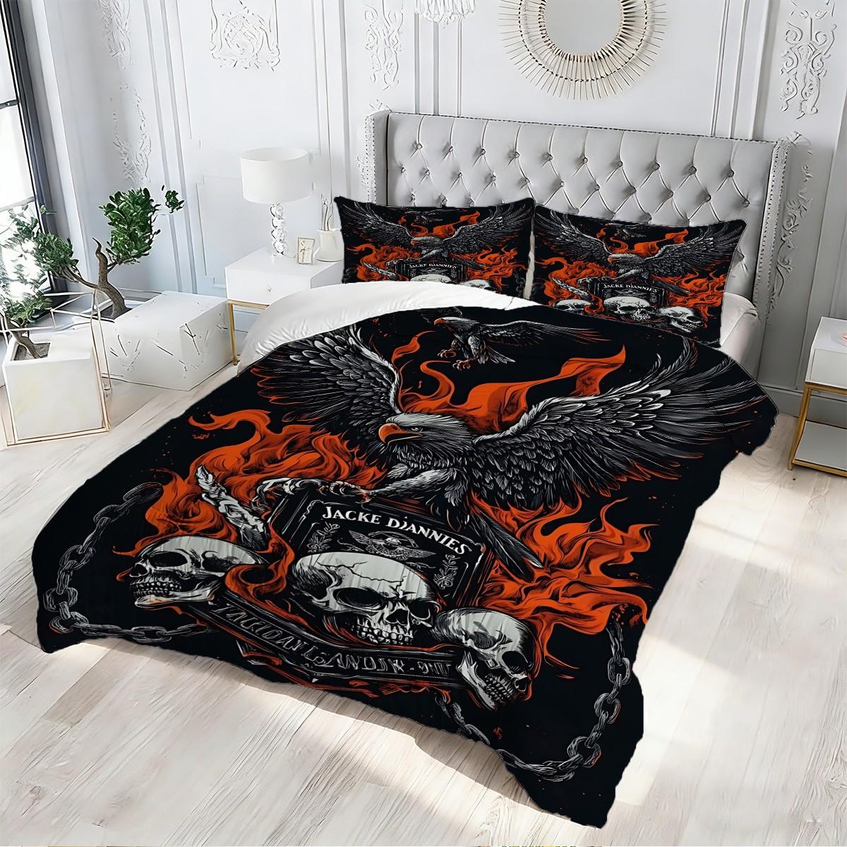 Dark Gothic Eagle Skull Bedding Set, 2/3 Pcs Comforter & Pillowcases, No Pillow Core, All‑Weather Comfortable Comforter Set, Ideal for Guest Bedroom, Boys Room, Game Room, Holiday Gift, Trendy Heavy Metal Room Styling