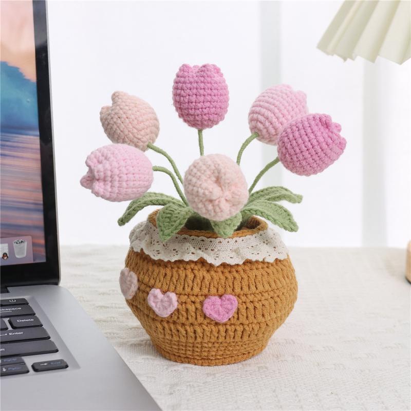 Room Decor Indoor Plants Handmade Crochet Tulip Potted Plant, 1 Count Knitting Tulip Potted Plant, Christmas 2024 Ornament, Tulips Artificial Crochet Bouquet Desktop Decoration for Home Office, Gift for Friend & Family, Flowers, Interior