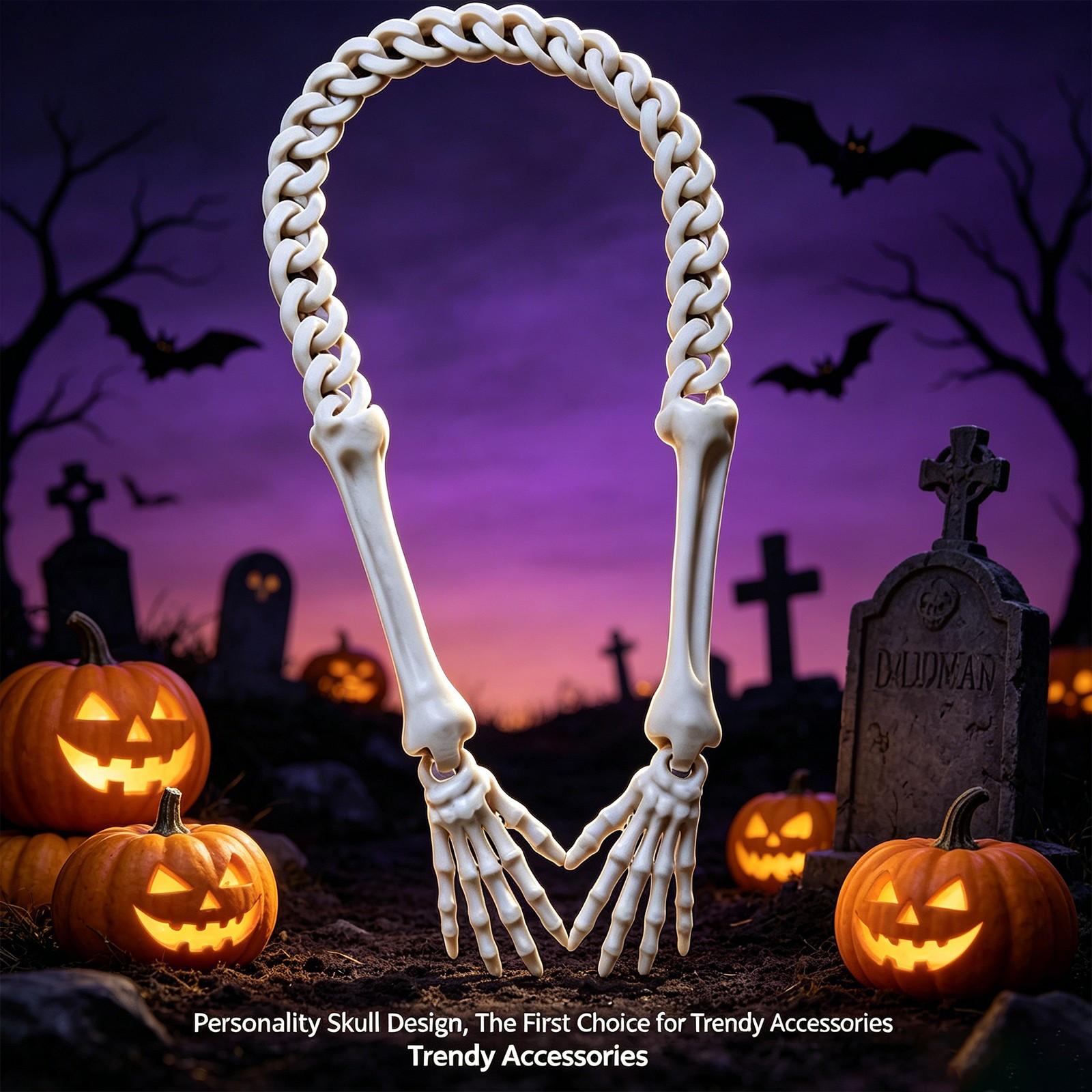 Halloween Skeleton Hand Arm Chain Necklace, Simulation Bone Skull Pendant, Gothic Fashion Jewelry Party Decorations