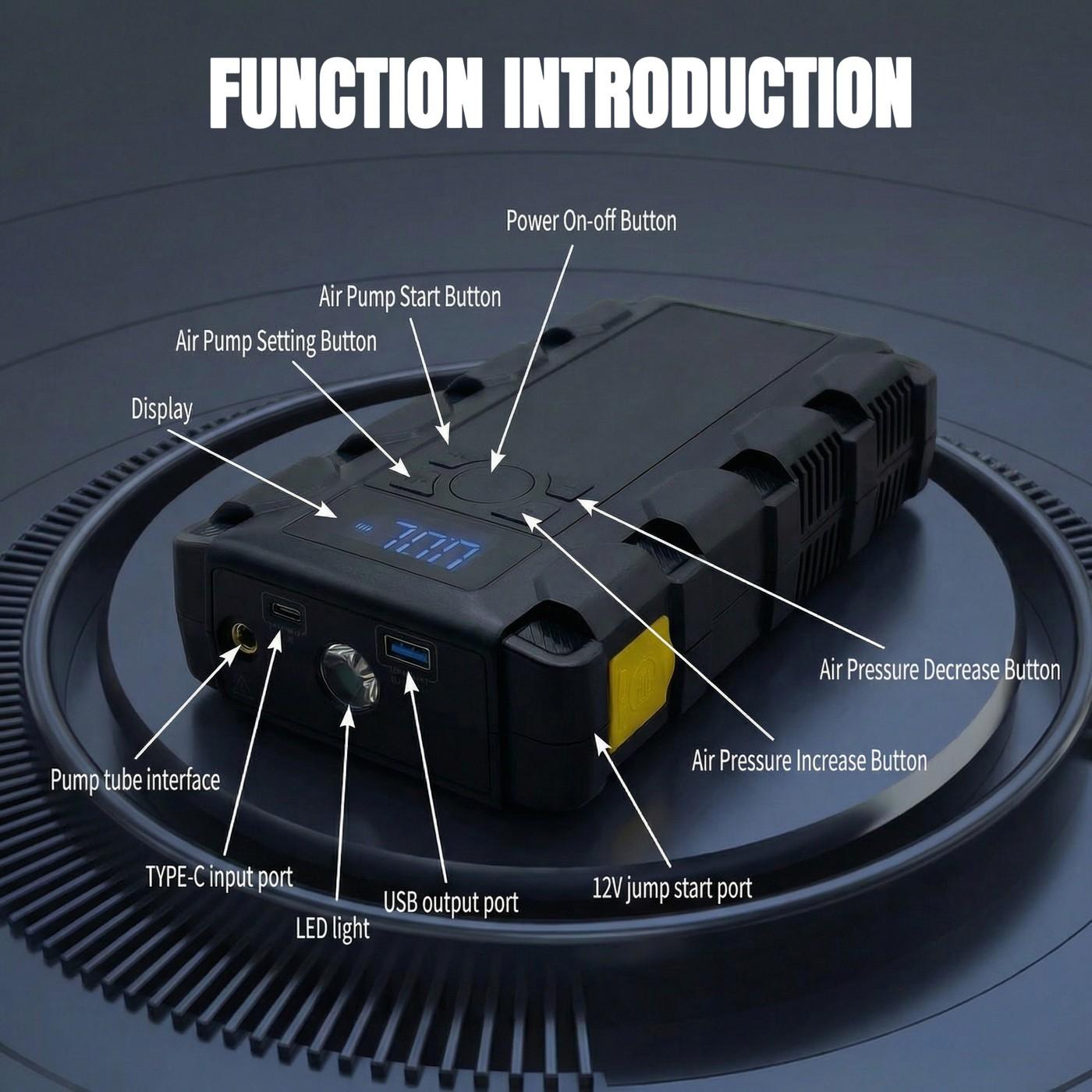 Anqva 4000A Jump Starter with 150PSI Air Compressor, 12V Car Battery Booster,  Fast Charge, 44.4Wh Portable Tire Inflator, LED Display for 10L Gas & 10L Diesel Engines, LED Light, Jumper Cables