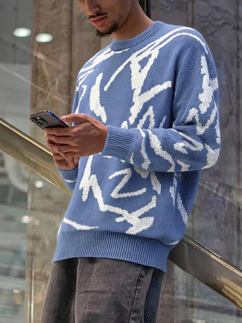 Men's Geometric Print Drop-Shoulder Sweater Pullover, Casual Street Comfy Long Sleeve Round Neck Jumper for Fall & Winter, Men's Knitwear for Daily Wear Men's Geometric Print Drop-Shoulder Sweater Pullover, Casual Street Comfy Long Sleeve Round Neck Jumper for Fall & Winter, Men's Knitwear for Daily Wear