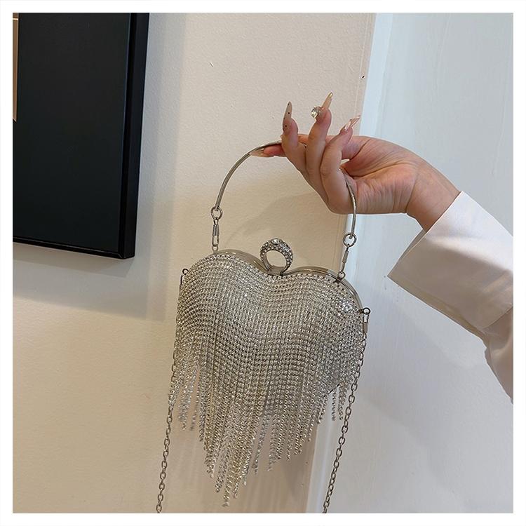 Heart-Shaped Evening Bag for Women, Tassel Sparkle Rhinestone Party Clutch, Elegant Prom Ballroom Handbag, Stylish Banquet Purse