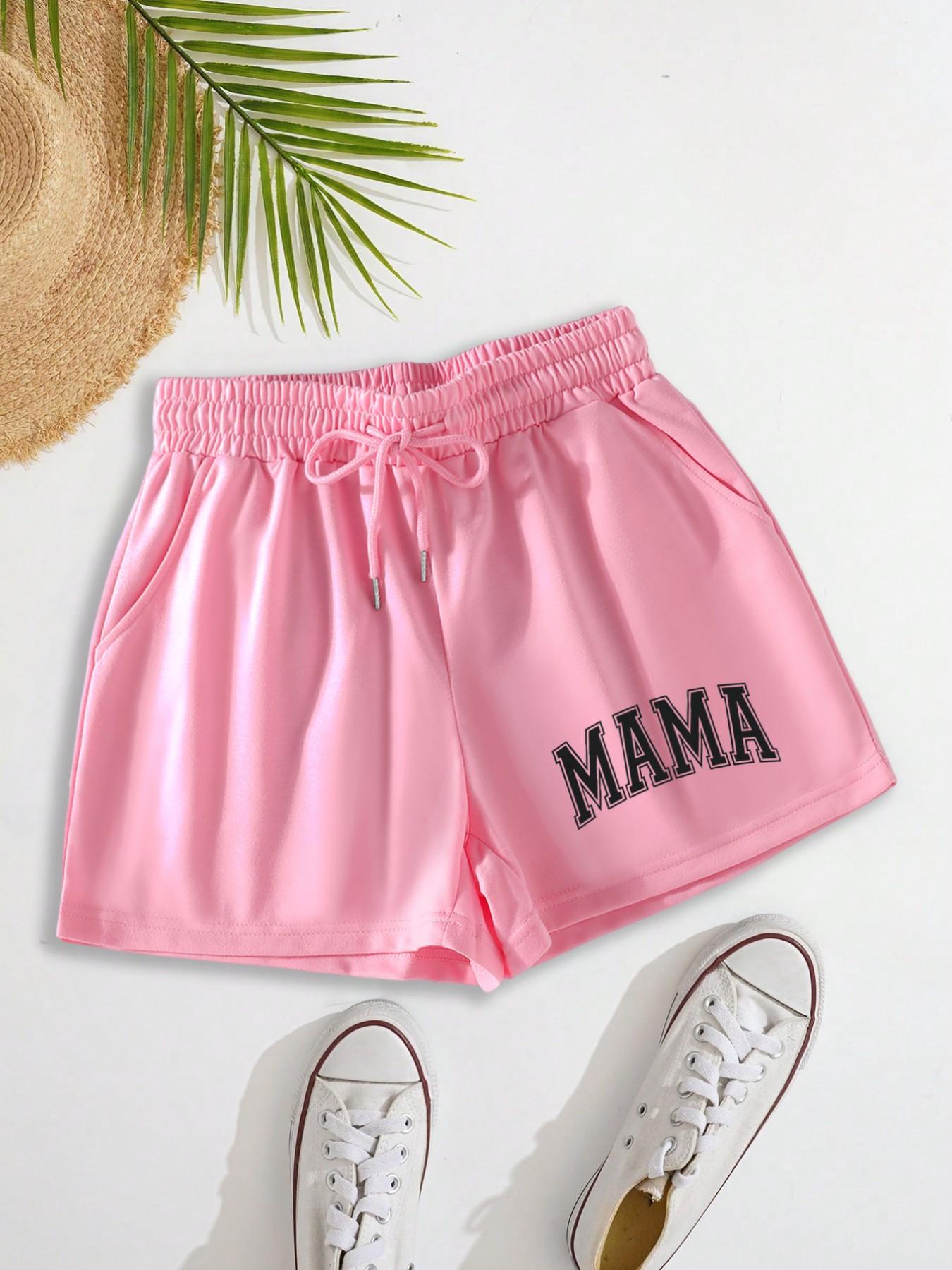 Women's Letter Print Drawstring Waist Shorts, Casual Elastic Waist Pocket Shorts for Summer, Ladies Bottoms for Daily Wear