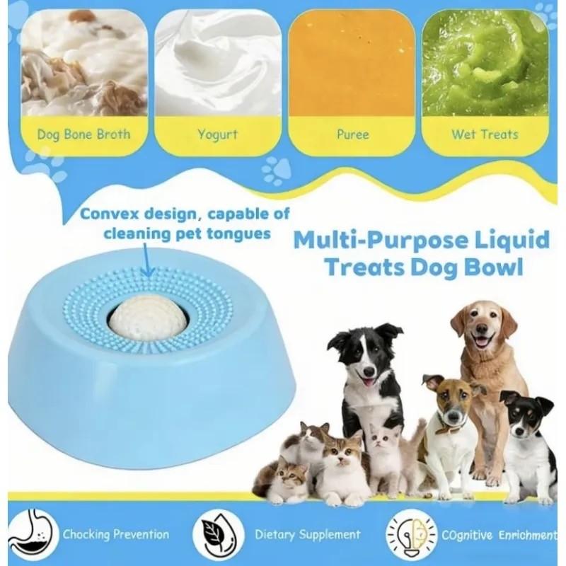 This interactive silicone slow feeder bowl for large dogs and cats features a licking surface and puzzle ball to slow eating, relieve coughs, and reduce anxiety.Includes replacement balls for extended use and lasting durability. enrichment pet buttons