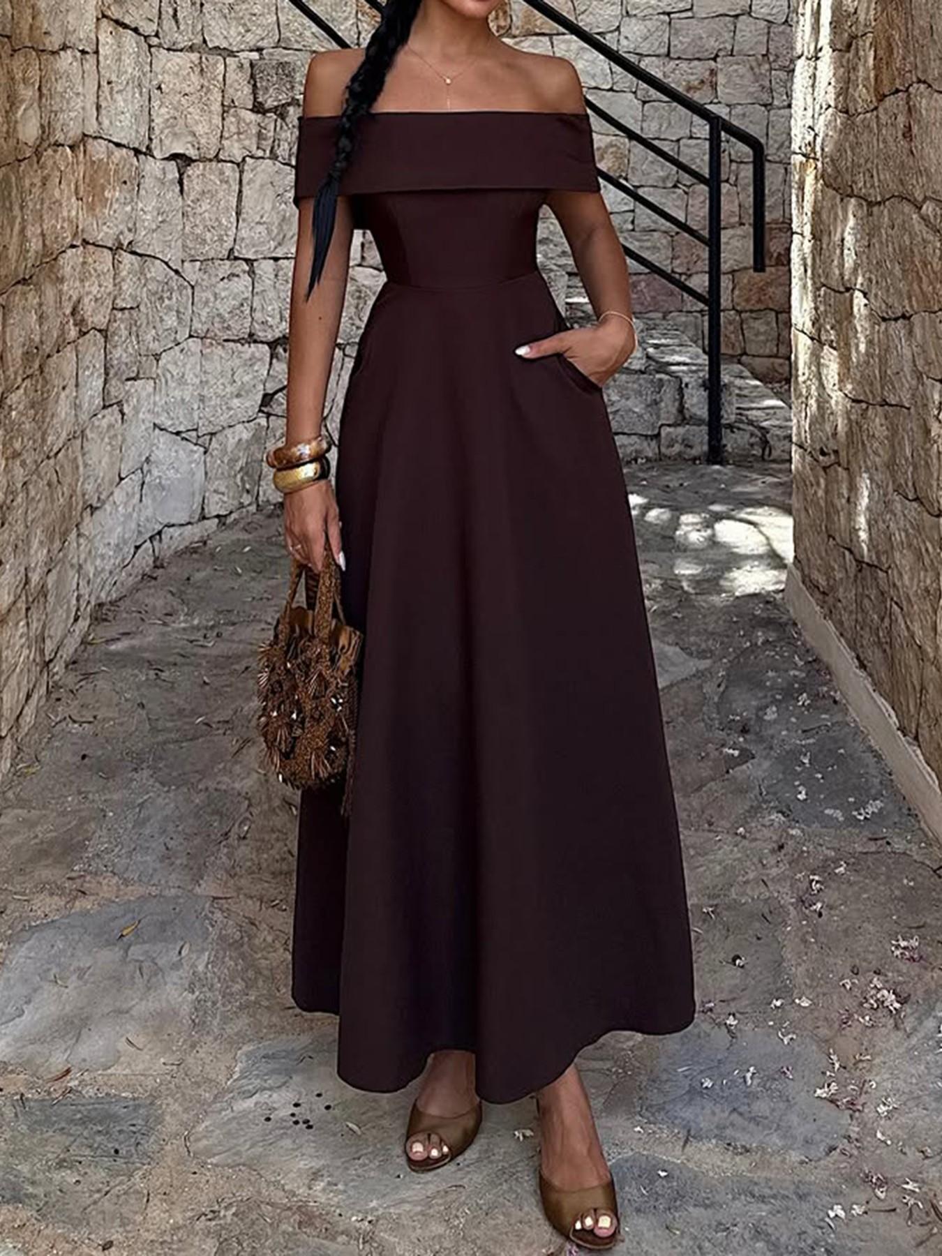 Elegant Off-Shoulder Dress with Waist Design, Simple and Classic Party Wear, Women's Stylish Evening Dress for Special Occasions