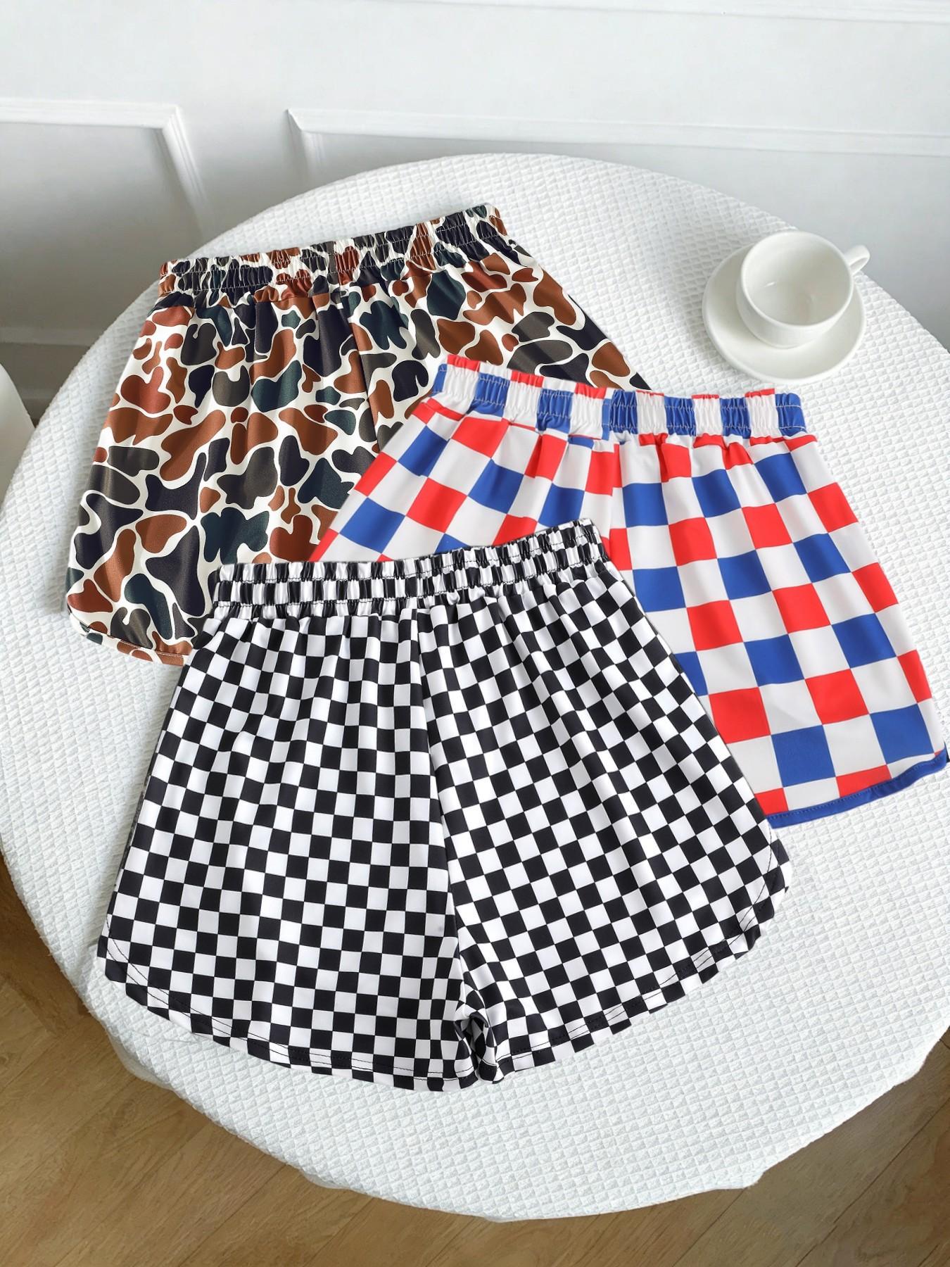 3-Pack Women's Loose-Fit Shorts, Leopard and Checkered Print, Elastic Waist, Casual Sporty Style, Fashionable Ladies' Clothing, Comfortable and Stylish