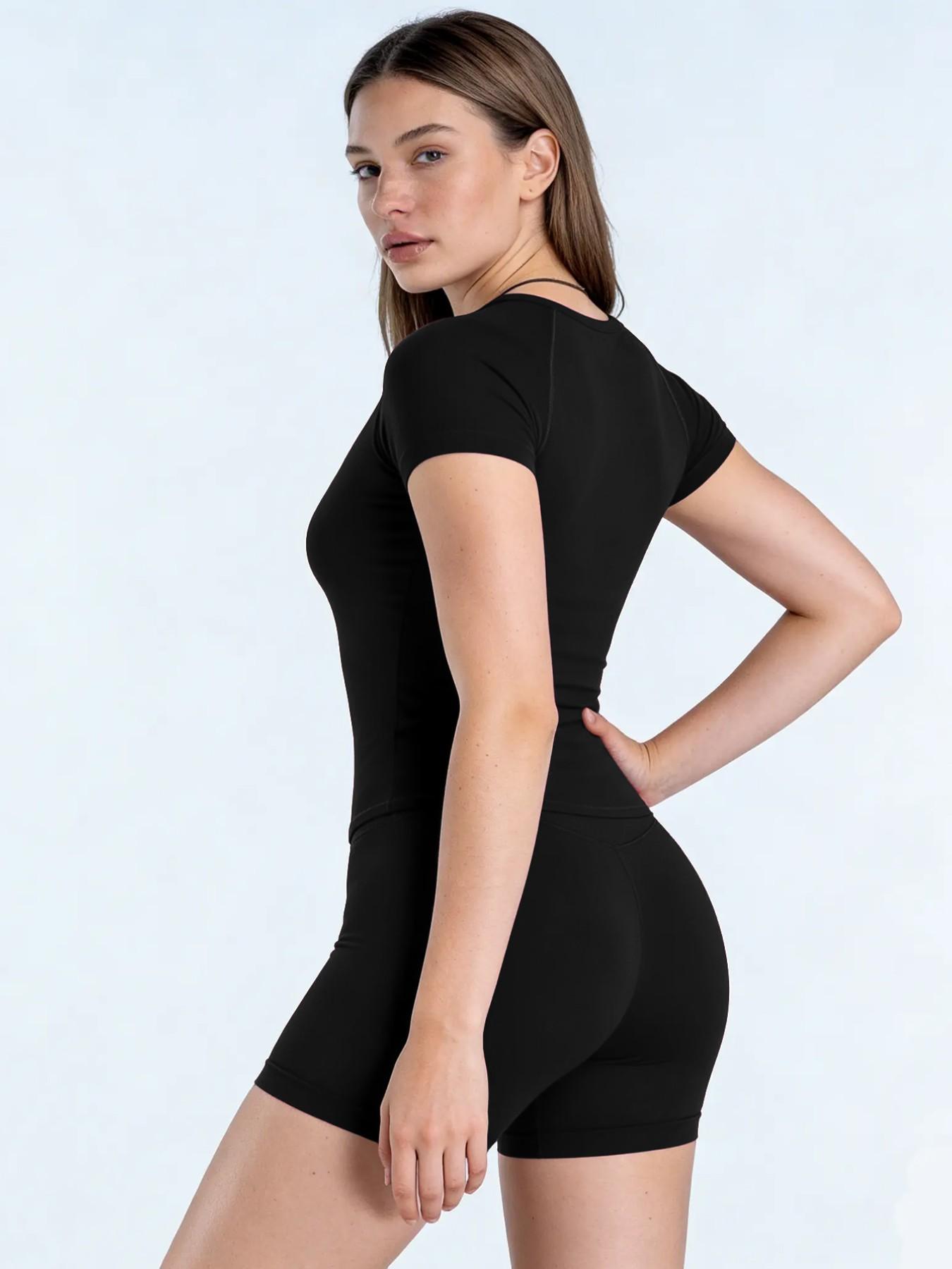 Women's New Nylon High Stretch Moisture Wicking Seamless Short Sleeve Fitness T-Shirt, Butt Coverage Long Sleeves