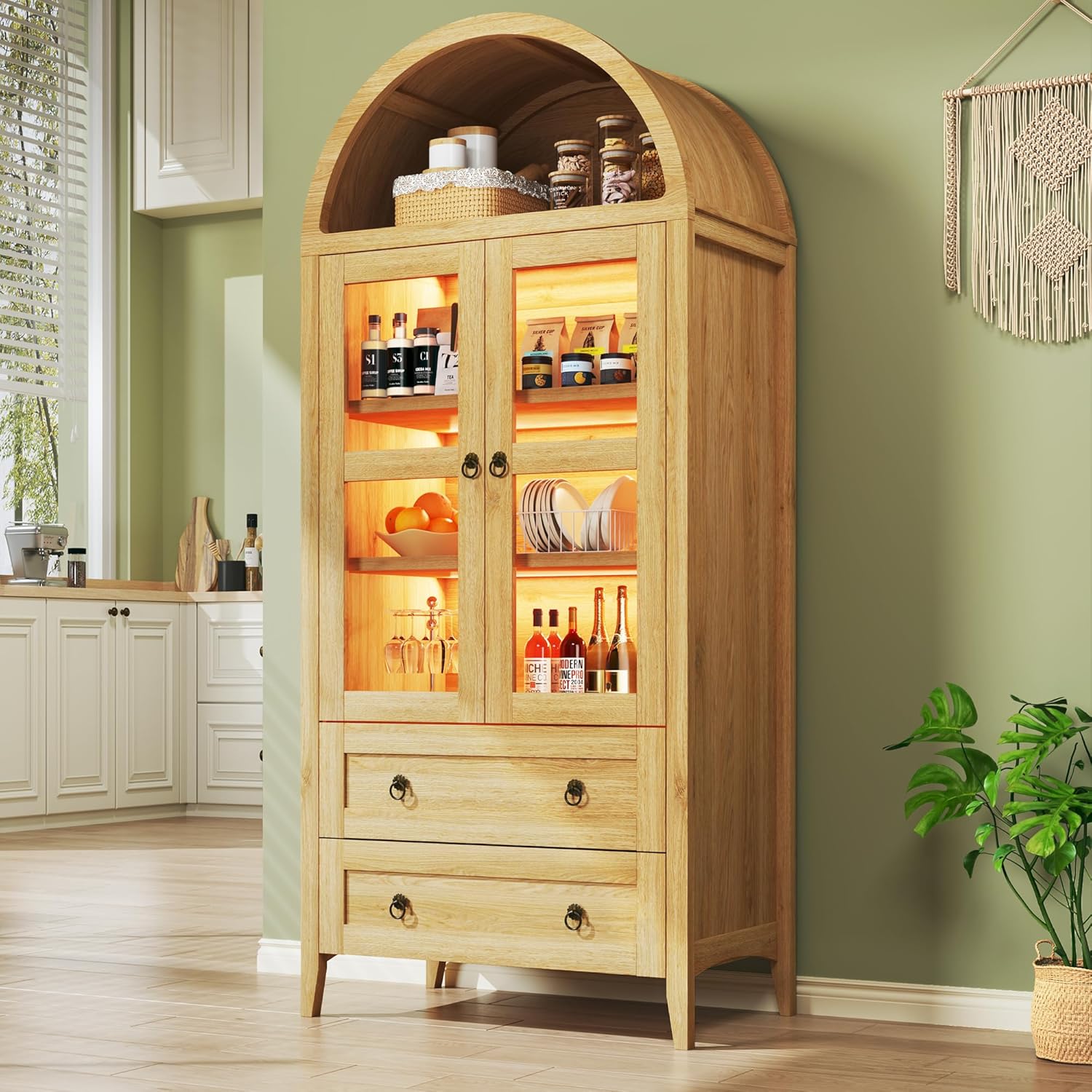 71" Tall Kitchen Pantry Cabinet, Arched Cabinet , Kitchen Storage Cabinets with 2 Large Drawers & Adjustable Shelves & Glass Door for Living Room, Kitchen, Dining Room, Natrual