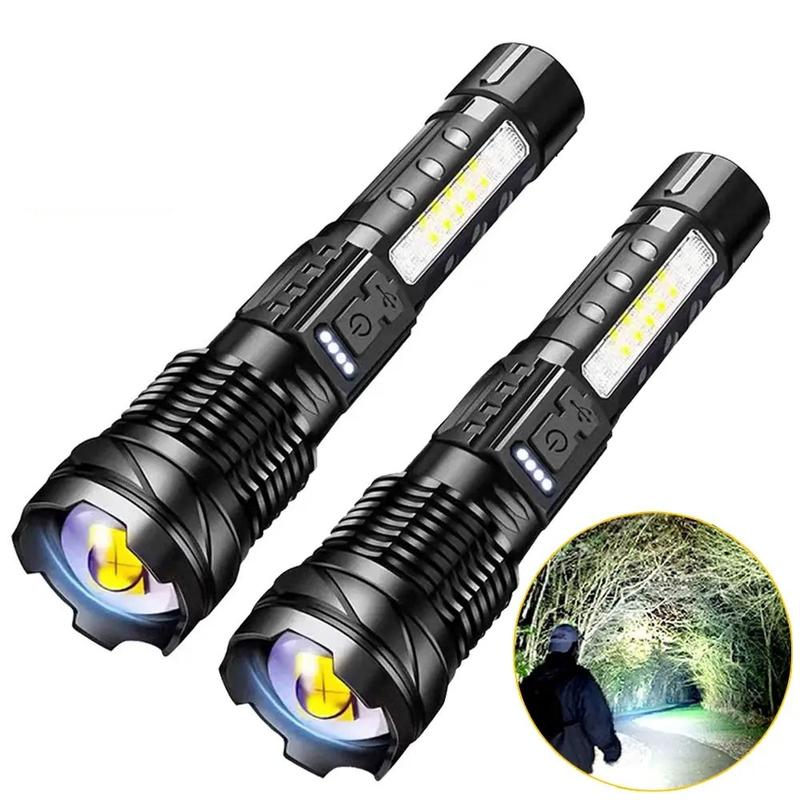 2-pack Rechargeable LED Flashlight, Portable Pen Clip Flashlight with Telescopic Zoom and Power Indicator, 7 Lighting Modes, Strong Handheld Flashlight for Outdoor, Camping, Work, Emergency Situations