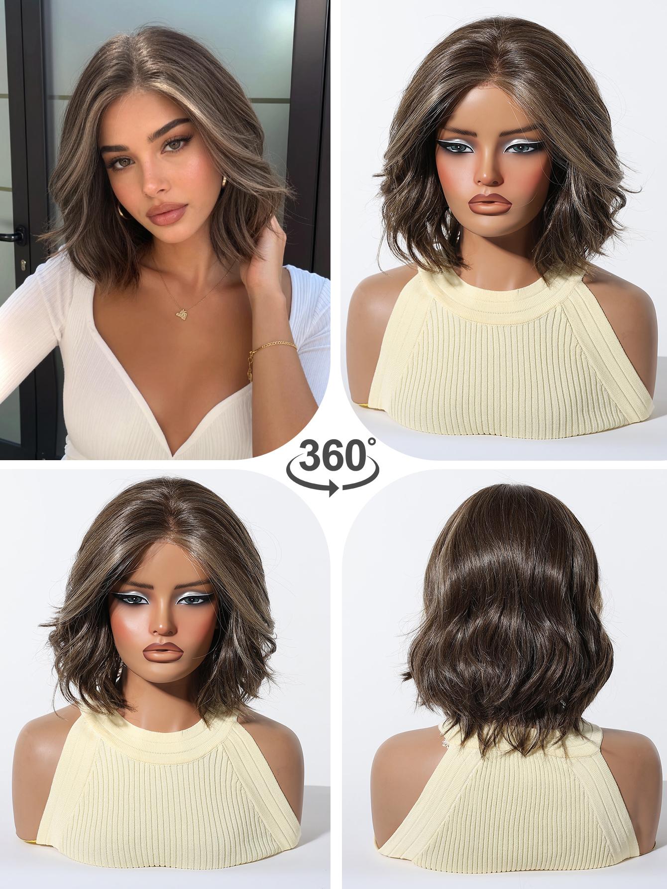 Topshe Hand Tied Mono Base Short Bob Wig, Dark Root Ash Brown Highlight Flip Out Loose Wave Bob, Breathable Mono Top Realistic Scalp, Glueless Wear & Go No Bleach, Tangle Free Heat Resistant Synthetic Hair, Synthetic Material Wigs