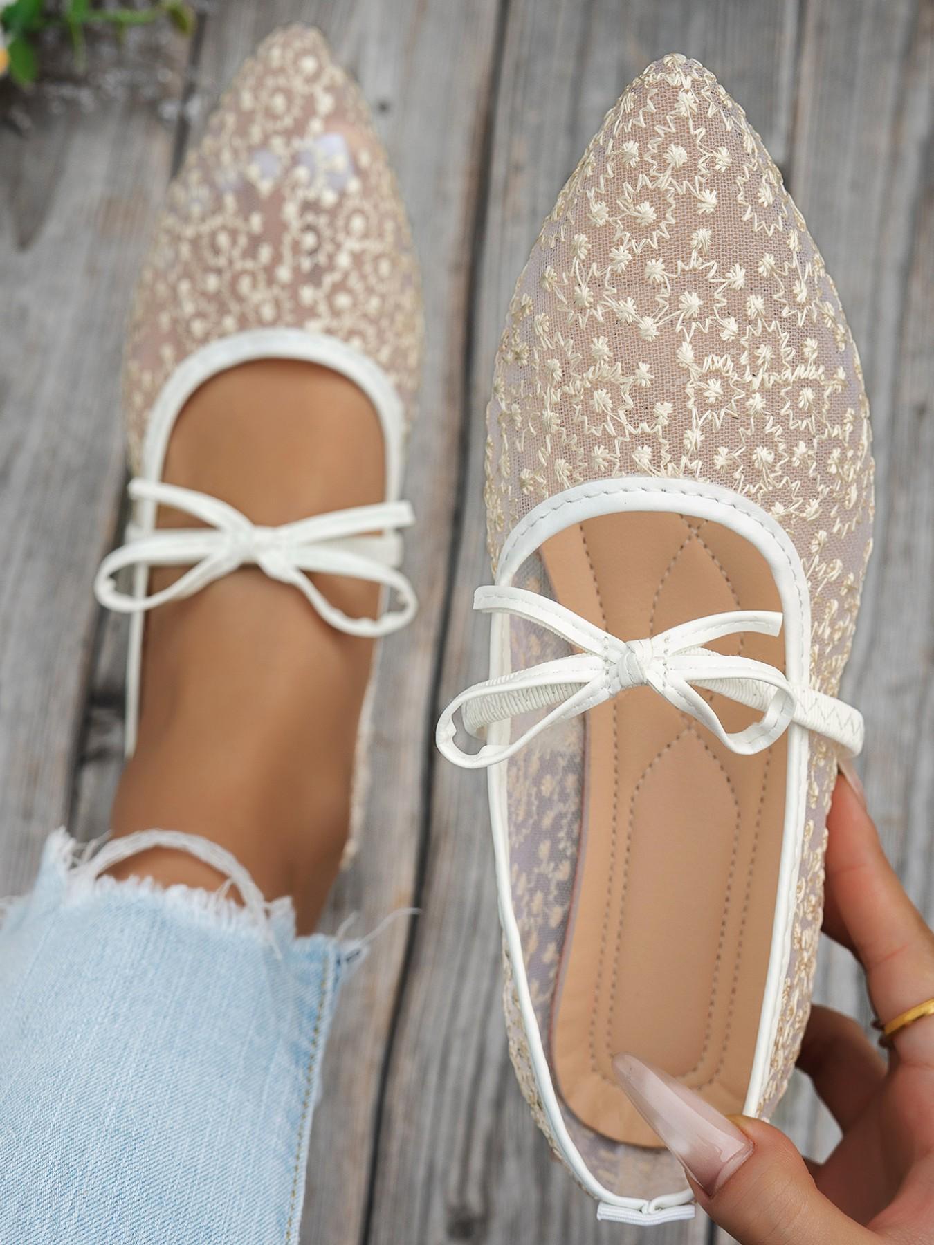 Women's Elegant Lace Pointed Mary Jane Sandals, Delicate Mesh Embroidery, Bow, Comfortable Flat Sole, Spring Summer Casual Shoes, Pointed Toe Flats, Mary Jane Flats