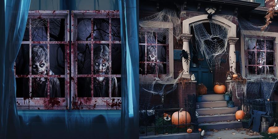 2/3 Pcs Halloween Window Cover Decoration, Bloody Creepy Clown Scene Curtains for Haunted House, Reusable Fabric Horror Decorations for Indoor Outdoor Party, 31 x 47 Inches