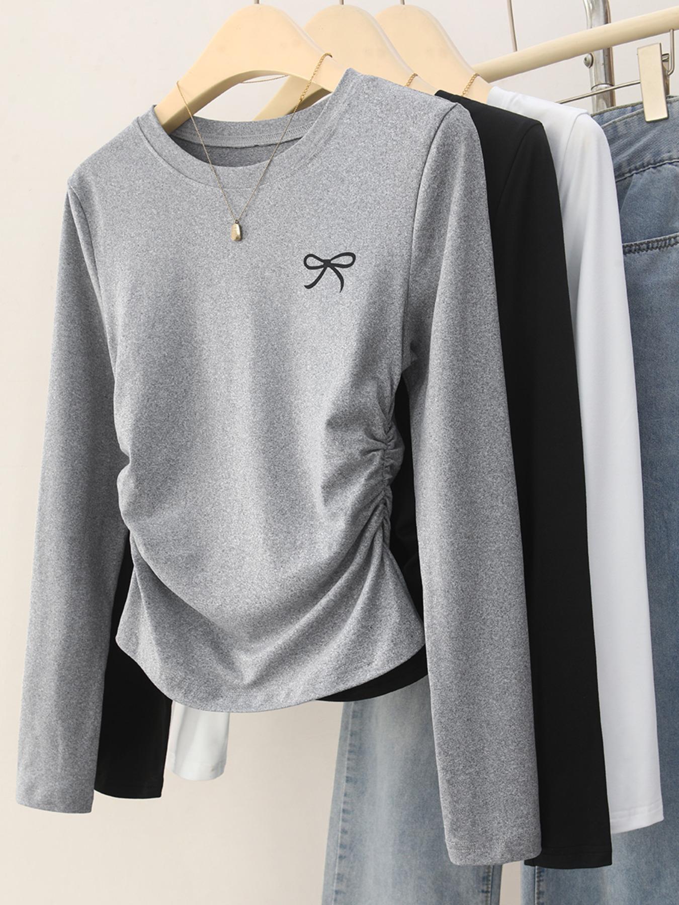 3pcs women's casual and fashionable Aesthetic slim fit small bow print details simple solid color pleated pullover shirt women's round neck long sleeved three piece T-shirt