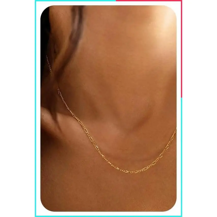 14K Gold Plated Dainty Chain Necklace for Women Men - Waterproof 925 Sterling Silver Clasp Choker, Thin Box Figaro Herringbone, 14/16/18/20 Inch