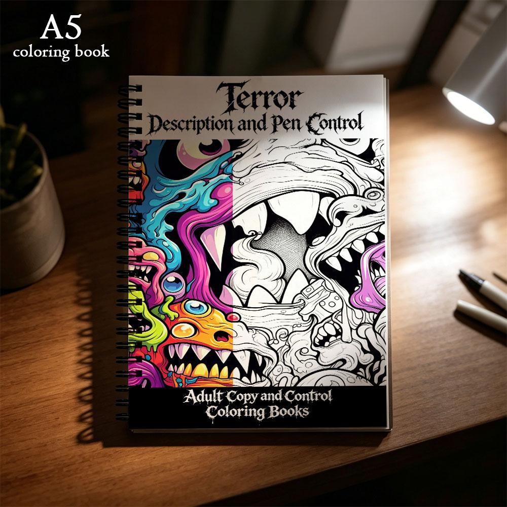 Horror Tracing and Pencil Control Adult Coloring Book A5 Size 30 Pages Spiral Bound Thick Paper Single Sided Relaxation Peaceful Soul Healing Home Decor Self Care Activity Book Birthday Gift Party Favor Horror Present