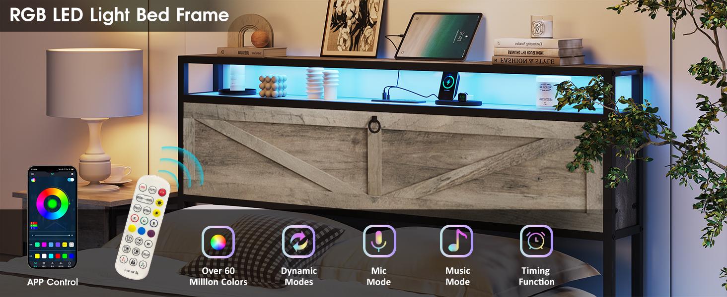 Vabches NO MATTRESS Bed Frame with Storage Ottoman and 2 Drawers, Farmhouse Metal Platform Bed with Headboard, LED Lights and Charging Station, No Box Spring Needed, Noise Free