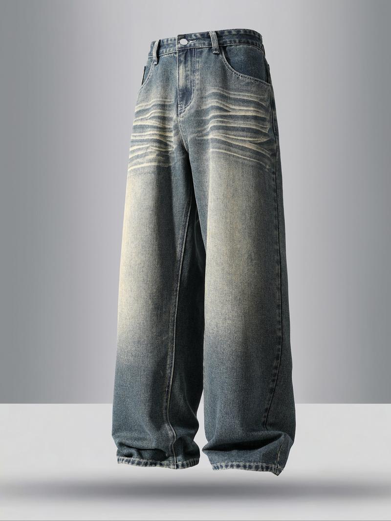 Men's vintage washed loose straight-leg jeans, casual four-season street style, zipper fly, solid color pattern, daily wear denim pants. If you prefer a looser fit, order one size larger.