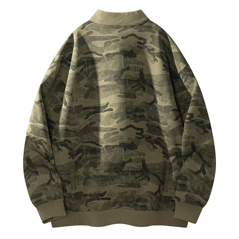 Men's Camo Black Longsleeve Zip-Up Baseball Collar Flying Jacket - Casual Street Outdoor Wear, Full-Front Zipper, Side Pockets, Loose-Fit Polyester Menswear Top for Spring, Autumn Daily Commute, Machine Washable
