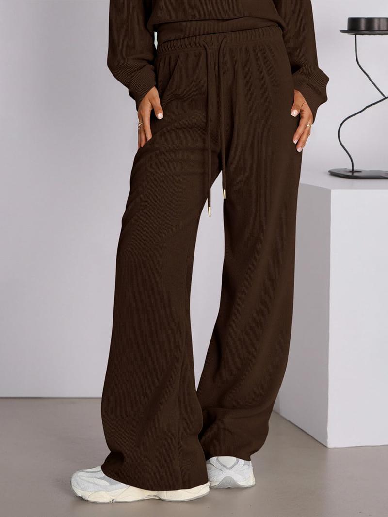 Women's 2 Piece Set Outfits Lounge Sets Ruched Short Sleeve Tops High Waisted Wide Leg Pants Tracksuit Sets, Elegant and casual high-round-neck long-sleeved basic two-piece set Casual Loungewear Set