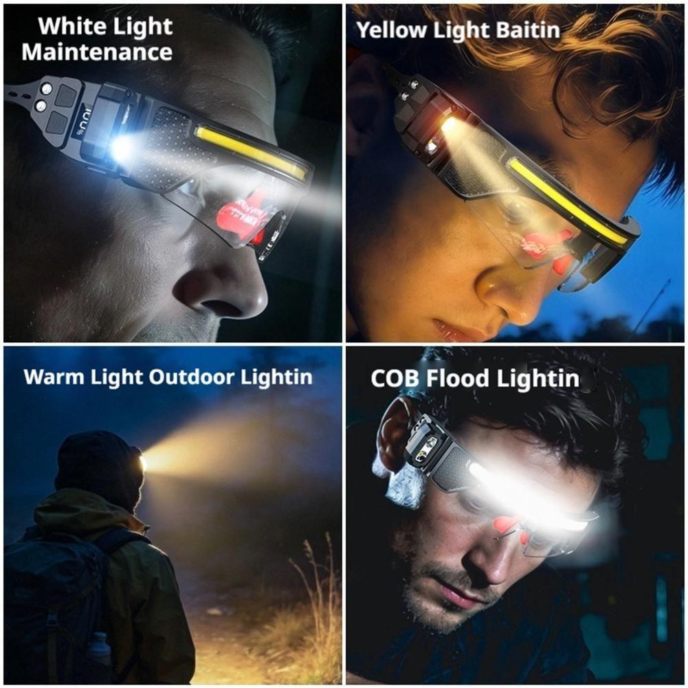1PC LED Rechargeable Headlight Glasses With 3 color lenses– Motion Sensor & Touch Control 8 Modes, USB-C Light Up Eyewear Waterproof for Running Camping Fishing Cycling Hiking Outdoor Sports Glasses