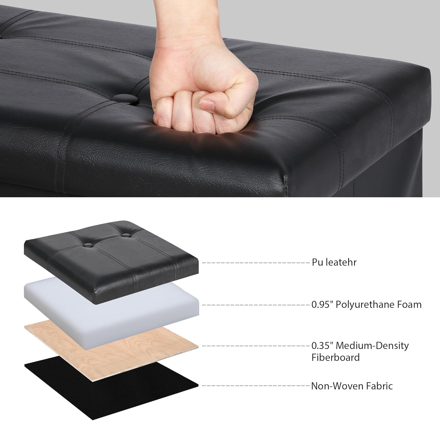 Zenstyle 43"-inFolding Storage Ottoman Bench 660 lbs Faux Leather Footrest Chest W/ Divider for Bedroom Living Room Entryway Black