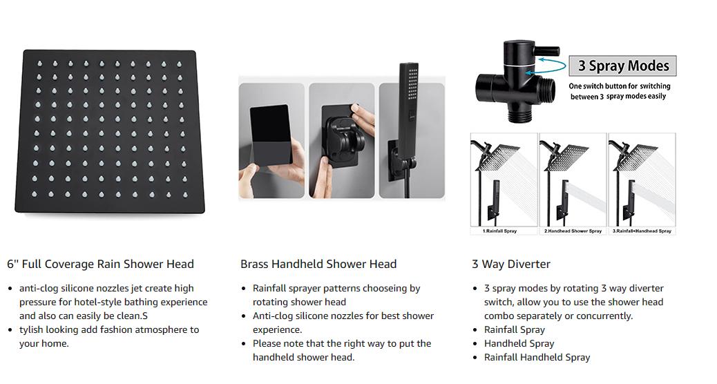 6/8"High Pressure Square RainShower Head and 2-in-1 HandShower.Equipped with 78"Hose, 3Way Diverter Valve,Adhesive ShowerHead Holder hard water Bathroom Installation Modern Easy Convenience