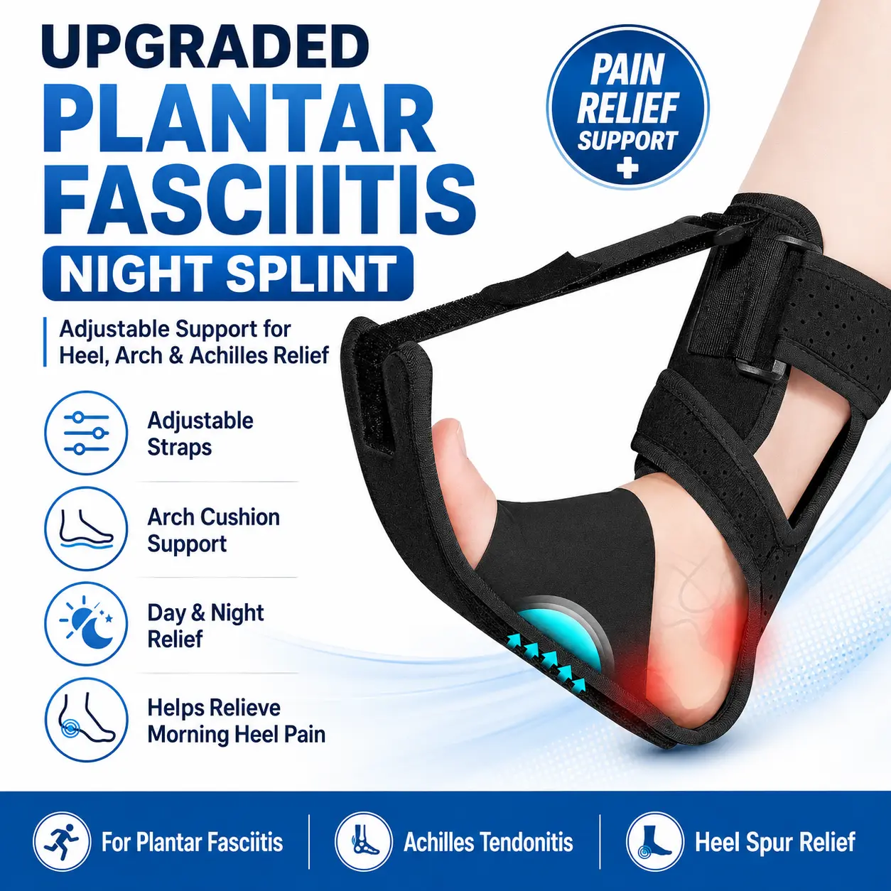 Upgraded Night Foot Splint for Plantar Fasciitis, Adjustable Heel & Arch Support Brace with Cushion Padding, Comfortable Day & Night Foot Care for Men & Women