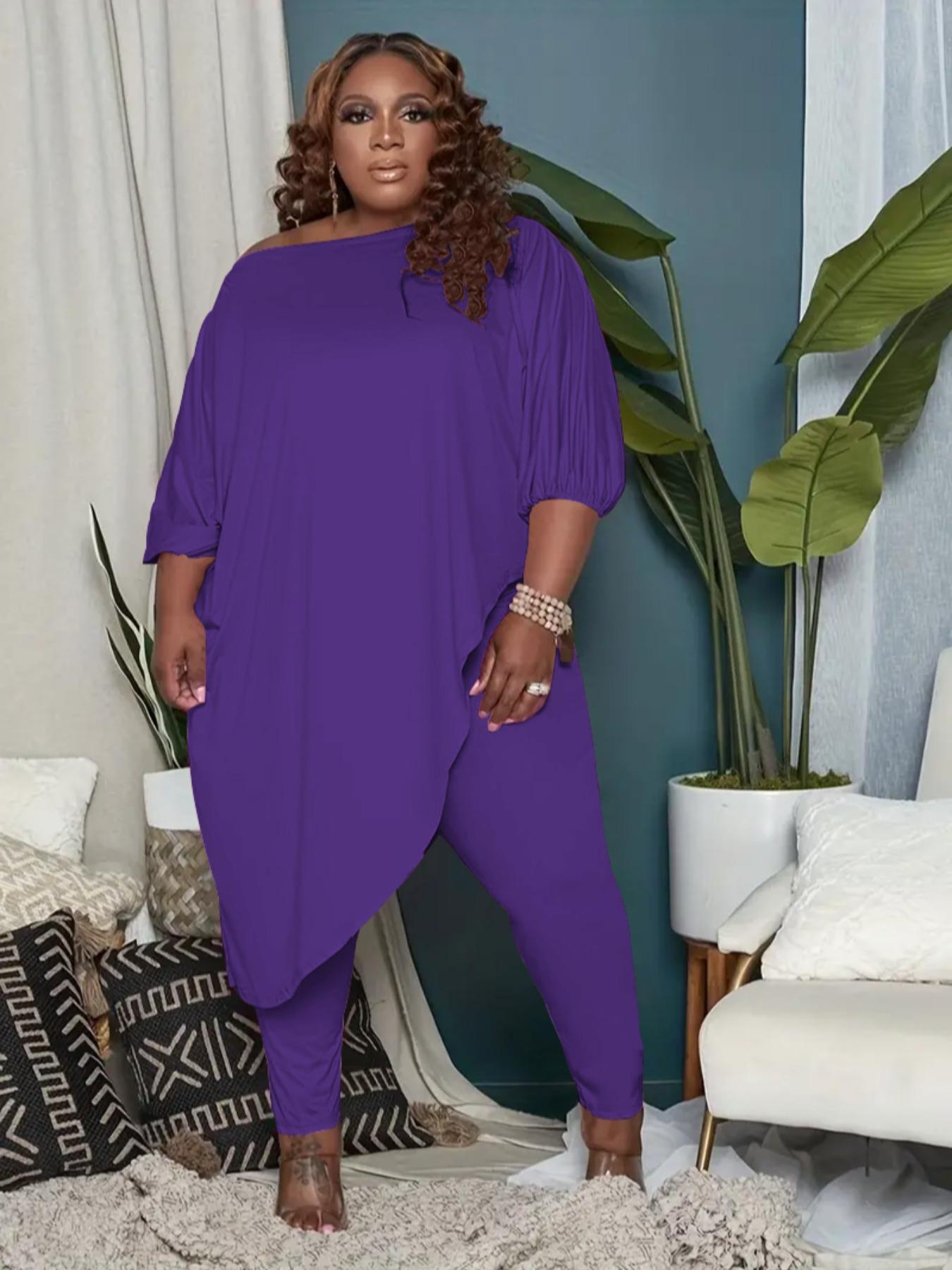 【Plus Size】 Women's Two-Piece Set Asymmetrical Hem Lantern Sleeve Top & Elastic Waist Pants, Casual Three Quarter Length Sleeve Boat Neck Top & Trousers for Daily Wear, Women's Two-piece Outfits for Fall & Winter, Clothes