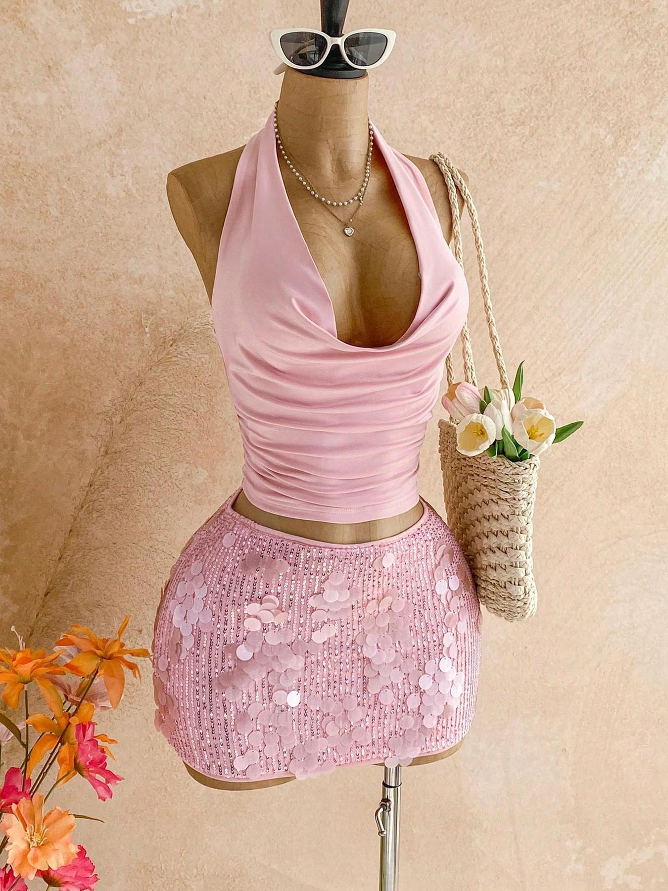 Elegant Party Set, Halter Neck Top & Sequin Rhinestone Mini Skirt, 2-Piece Ensemble for Special Occasions