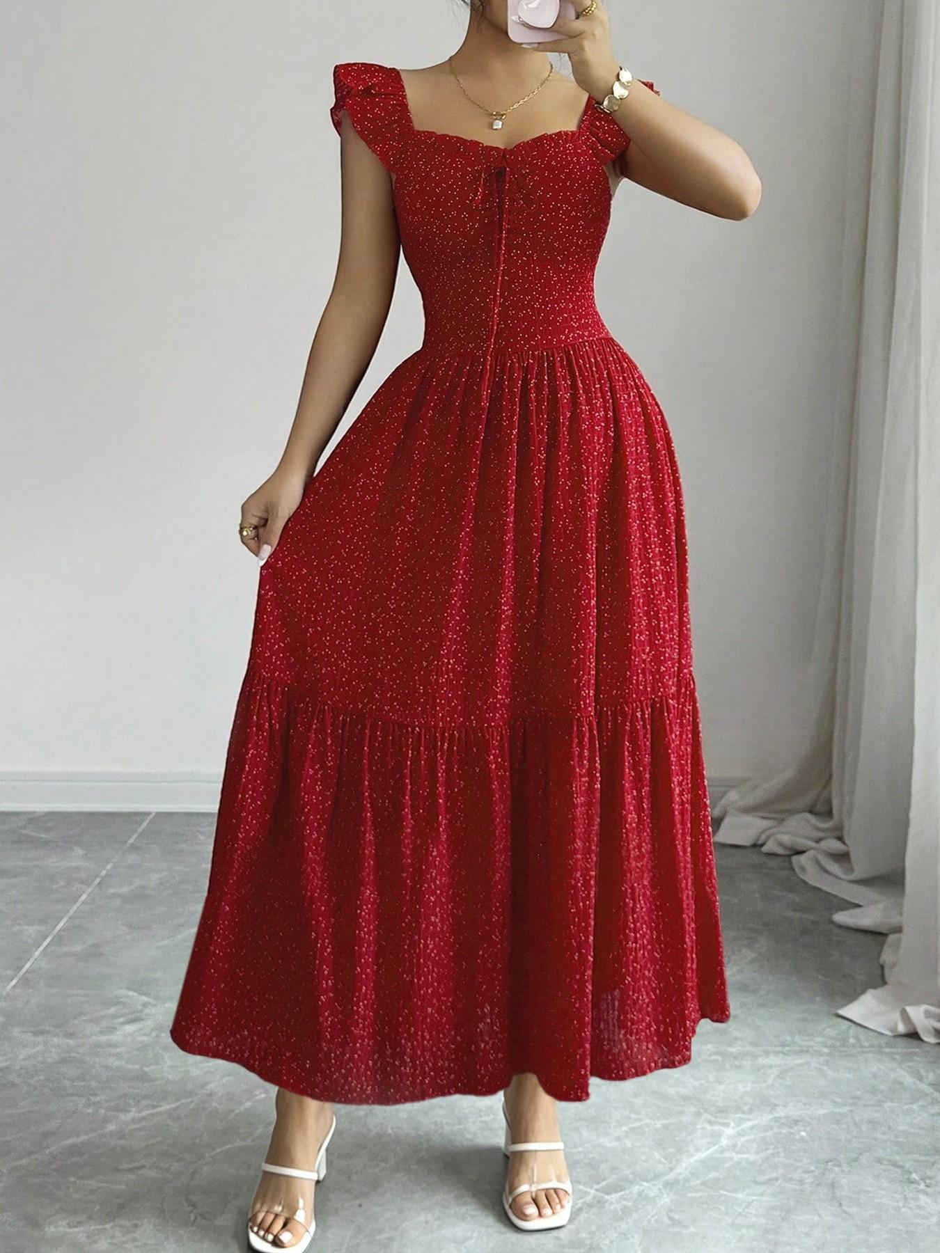 1 Piece Spring & Summer Ruffled Square Neck Polka Dot Maxi Dress , Back Tie Design Retro Sweet Style for Date Nights and Vacation,Waist-Cinching Slimming Romantic Girl Style for Parties and Daily Outings, Casual Wear