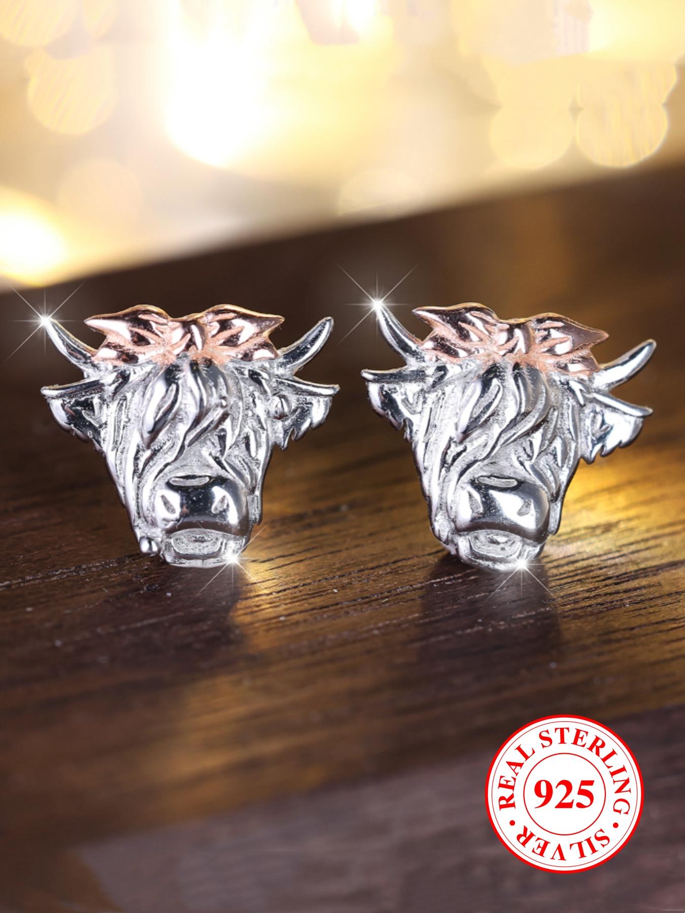 925 Sterling Silver Cute Bull Head Design Earrings, Pretty Studs, Punk Style Jewelry for Party, Daily Clothing Decor for Girl, Trendy All-match & Exquisite Jewelry for Gift