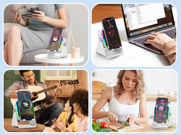 5-in-1 Wireless Induction Audio & Bluetooth Speaker with Phone Holder, 3500mAh Rechargeable Emergency Power Bank, 8 RGB Ambient Light, 360° Adjustable Mobile Tablet Stand– Gifts for Friends, Family,TikTokShopHolidayHaul