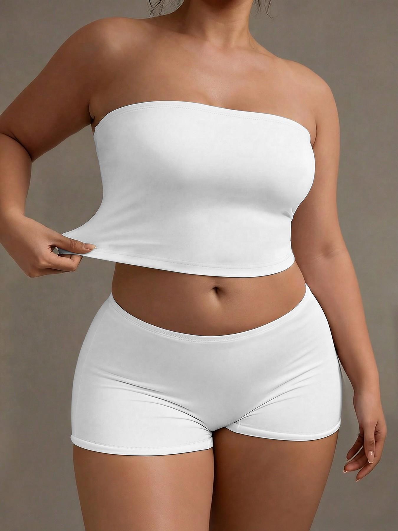 Plus Size 2 Piece Basic Tube Top and Shorts Set, Soft Stretch Strapless Lounge Set, Comfortable and Stylish, Perfect for Relaxing at Home, Womenswear