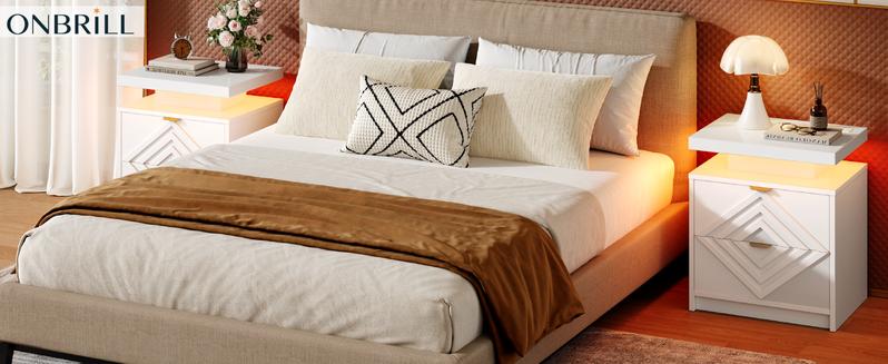 【Valentine's Day gift】ONBRILL White Nightstand with Charging Station and LED Lights, Smart Night Stand, Modern Bedside Table with Drawers, RGB Lights, Power Outlets, USB and Type-C Ports, End Side Table for Bedroom Office