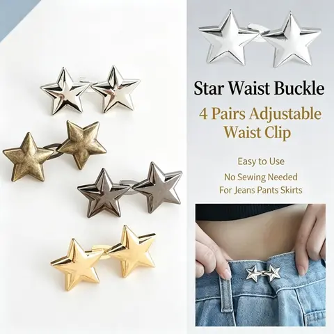 4 Pairs Star-Shaped Waist Clips, Star Waist Buckle, Reusable Metal Adjustable Waistband Clips, Jeans Waist Adjuster, Fashion Accessory for Dresses and Skirts
