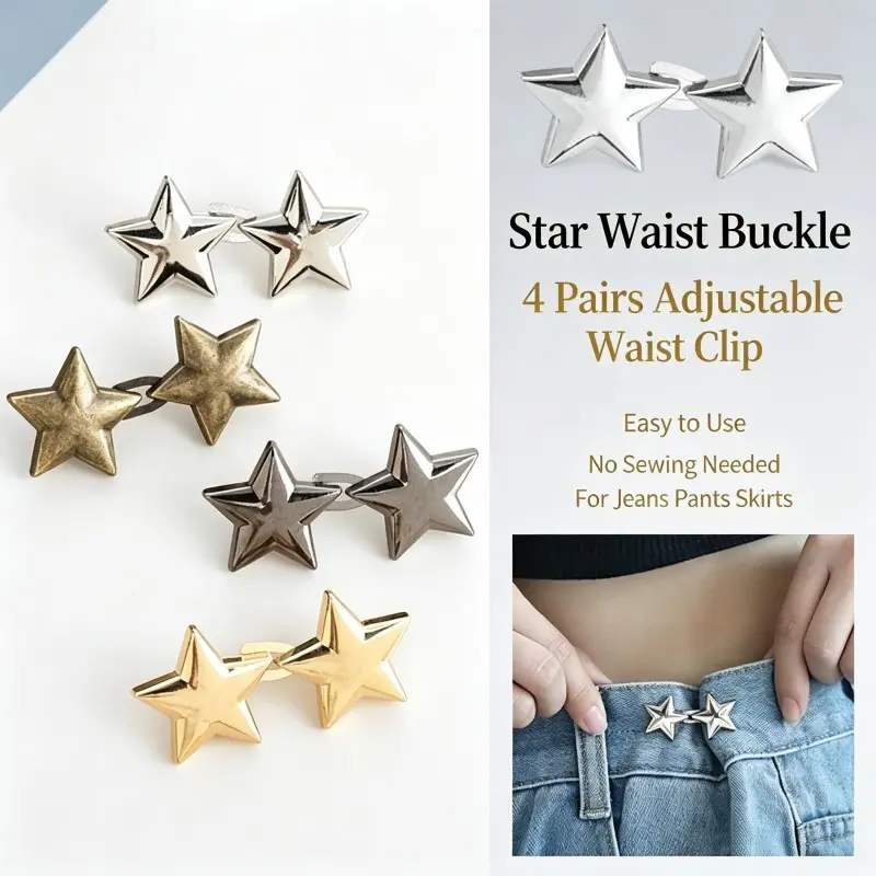 4 Pairs Star-Shaped Waist Clips, Star Waist Buckle, Reusable Metal Adjustable Waistband Clips, Jeans Waist Adjuster, Fashion Accessory for Dresses and Skirts
