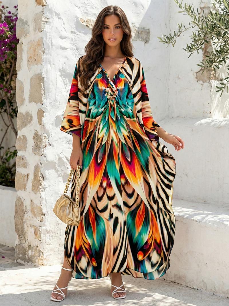 EDOLYNSA leopard print kaftan dresses Women's caftan Boho Caftan relaxed daily wear V-neck beach wear Soft Bohemian muumuu dress vibrant flowy house robe Butterfly sleeve cover up maxi dress Q1755