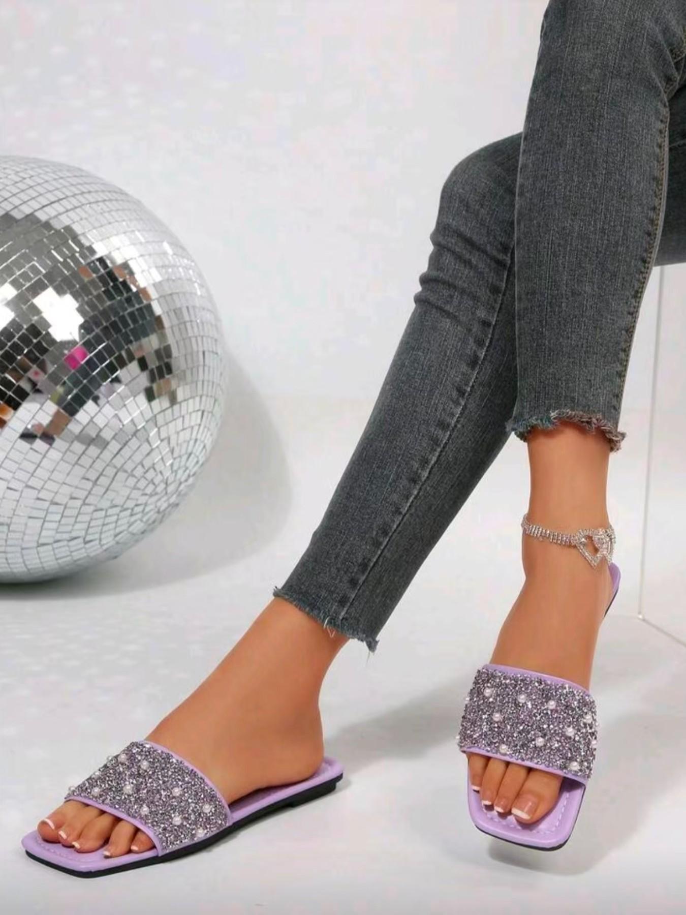 Rhinestone Pearl Slippers, Women's Flat Soft Sole Sandals, Anti-Slip Casual Shoes, Fashionable Home & Outing Footwear