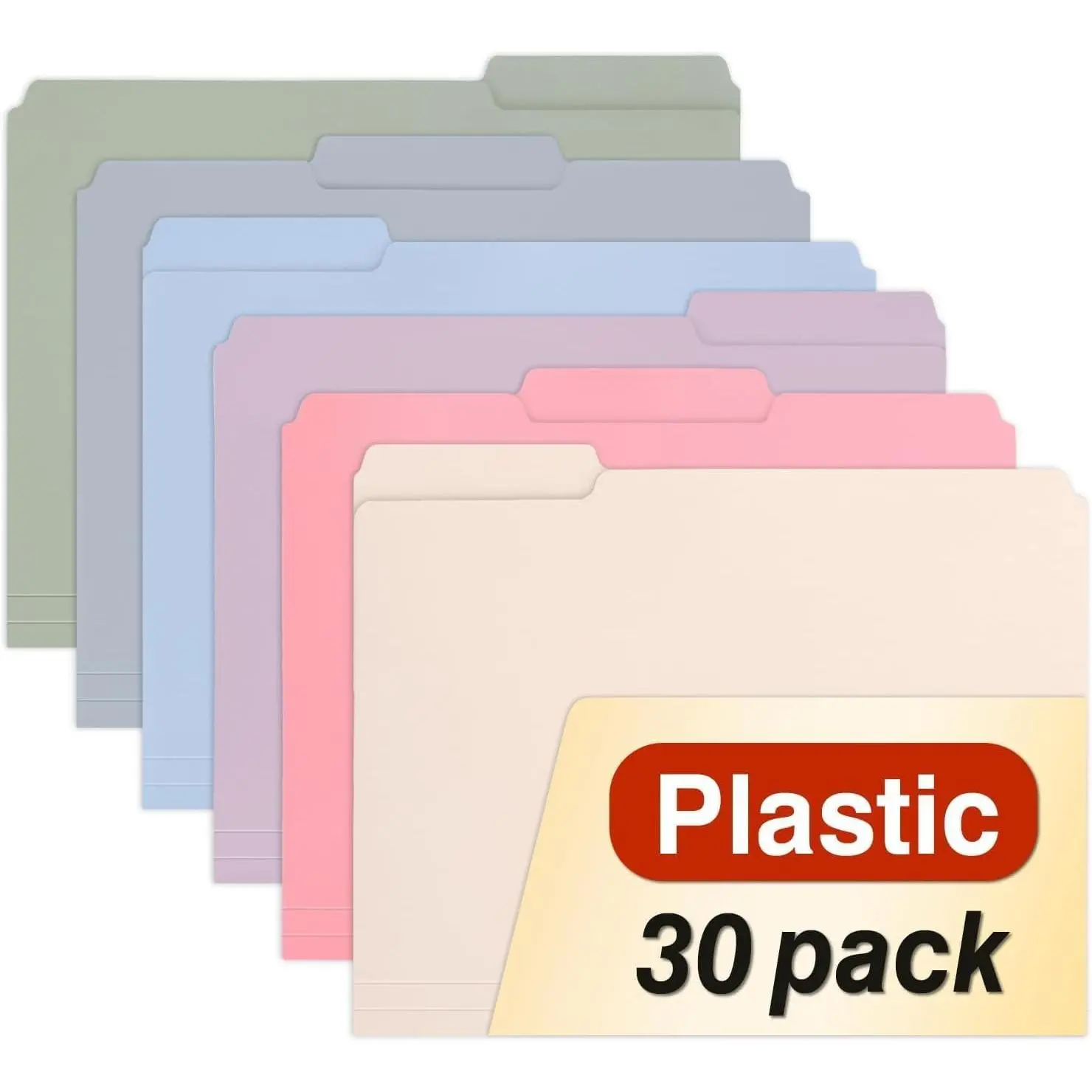 30 Pack Plastic File Folders, Poly Colored Folders, 1/3-Cut Tab, Pastel | Letter Size, Included Sticky Labels, Heavy Weight