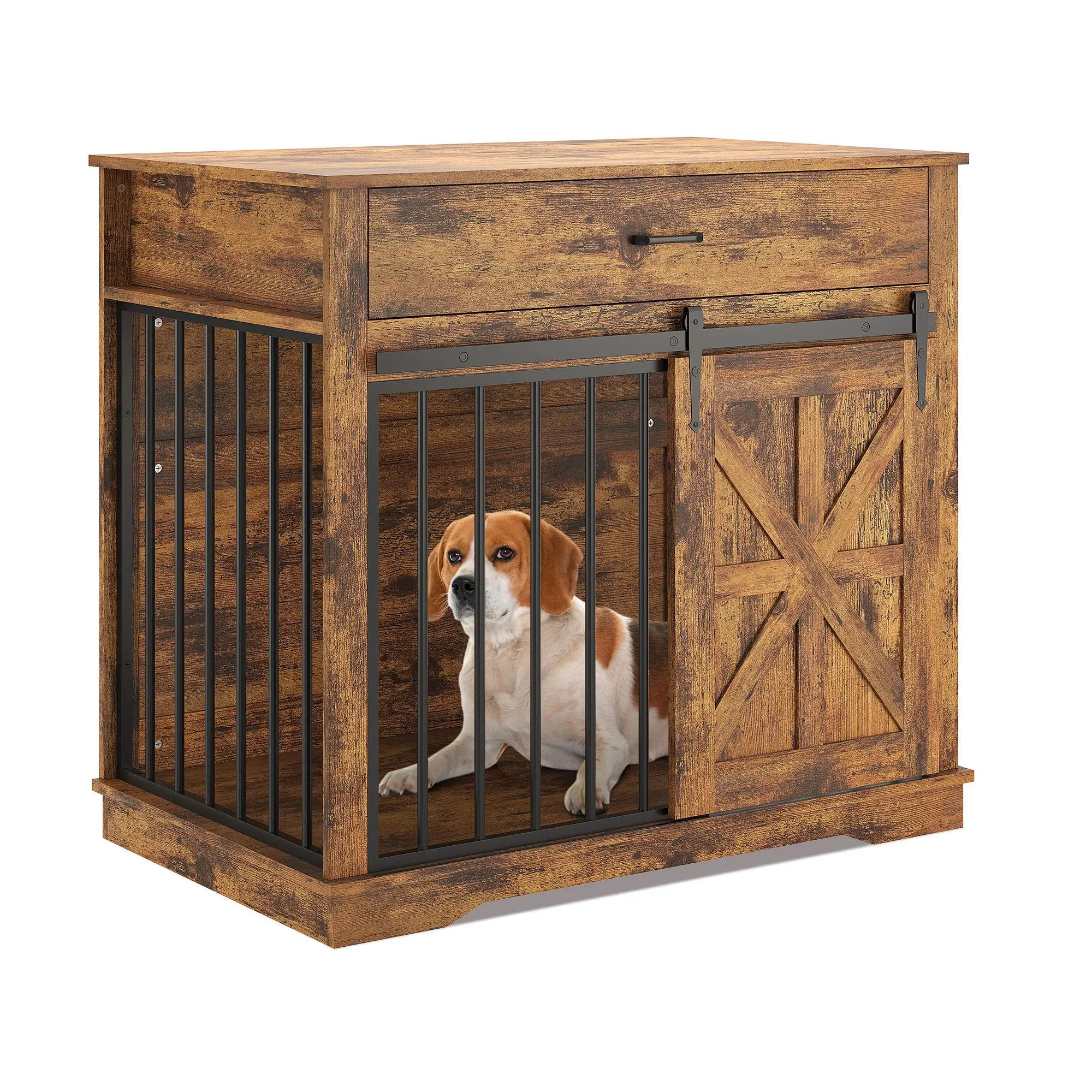 Heavy Duty Iron-Wood Dog Kennel Crate Furniture - 2-in-1 End Table with Sliding Door, Storage Drawer, Decorative Indoor Pet Cage for Small/Medium Dogs