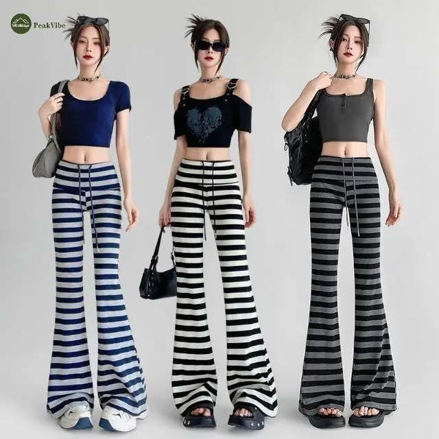 Retro striped micro-pull pants women's summer low waist drape and thin casual sports yoga flared pants floor-mopping horseshoe pants