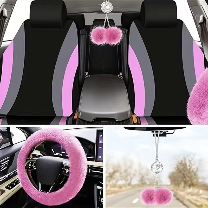 45pcs Car Seat Covers & Interior Accessories Set: Thin Polyester Five-Seat Car Seat Covers, Plush Steering Wheel Cover, Shoulder Pads, Gear Shift Knob Cover, Rearview Mirror Ornaments, Cup Pads, Tire Valve Caps, Stitching Trim Strips.