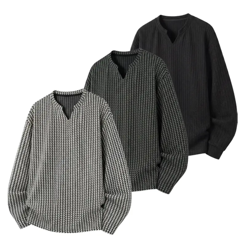 Men V-neck Houndstooth Textured Pullover, Notched Collar, Allover Mini Houndstooth Woven Pattern, Dropped Shoulder Long Sleeve Top With Ribbed Hem, Soft Breathable Fabric For Spring Autumn Street Layered Outfits # FallVibes